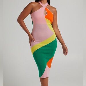 BLOSSOM KNIT MIDI DRESS IN BRIGHT MULTI